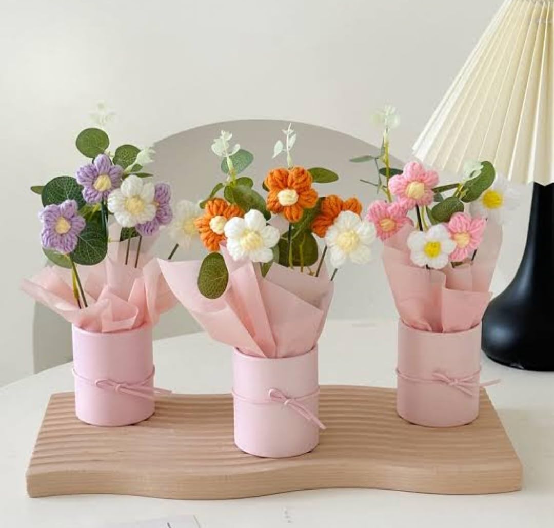 1Pc Artificial Crochet Flower Bouquet – Multi-Color - Image 3