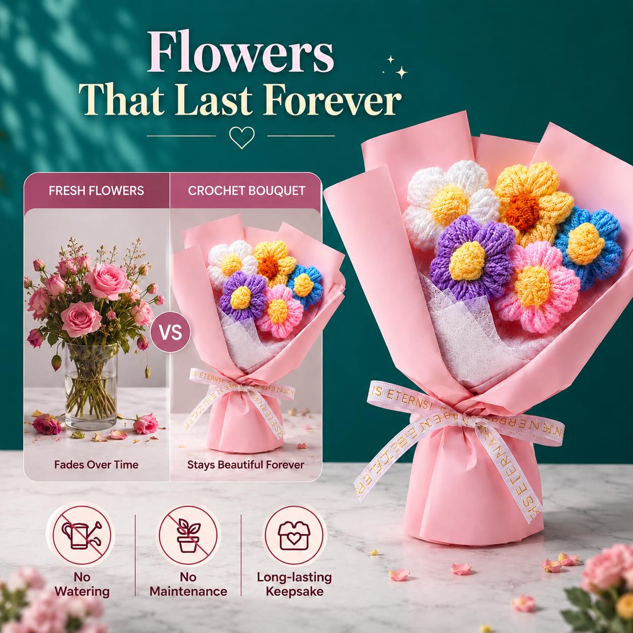 Handmade Crochet Flower Bouquet – Multi-Color Gift - Image 2